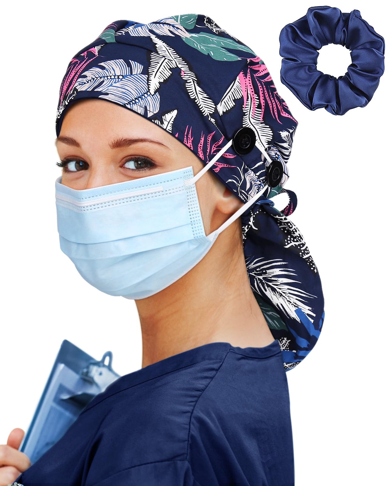 Large Satin Scrub Cap for Women Long Braids Hair Silk Lined Nurse Head Cap Surgical Hat Black Blue