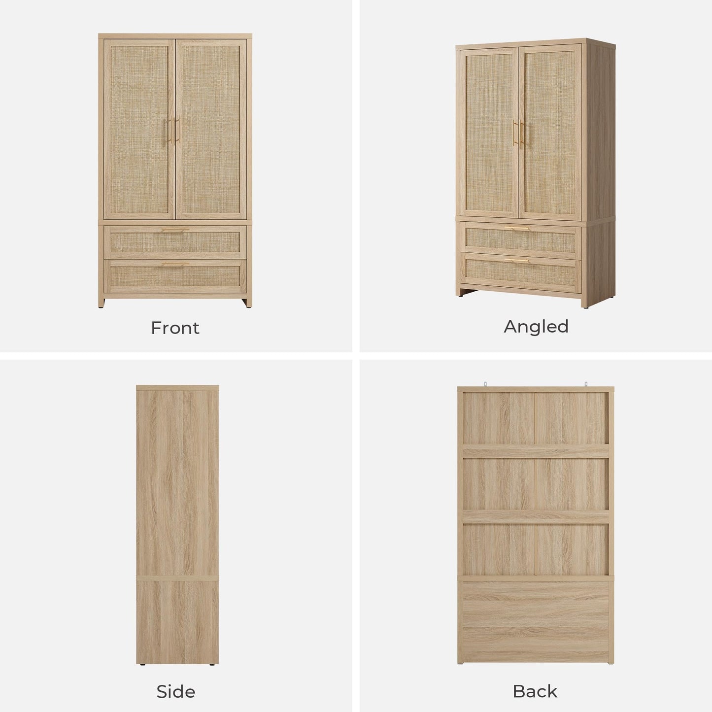SICOTAS Rattan Armoire Wardrobe Closet Cabinet, 71" Tall Wardrobe Storage Cabinet with Doors, Large Drawers and Hanging Rod, Boho Armoire Clothes Organizer for Bedroom, Cloak Room, Light Oak