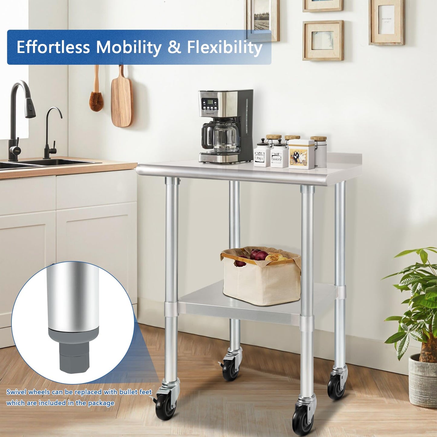 HARDURA Stainless Steel Table 24 x 30 Inches with Wheels Casters NSF Heavy Duty Commercial Prep Table with 2” Backsplash and Adjustable Undershelf for Restaurant Kitchen Home and Hotel