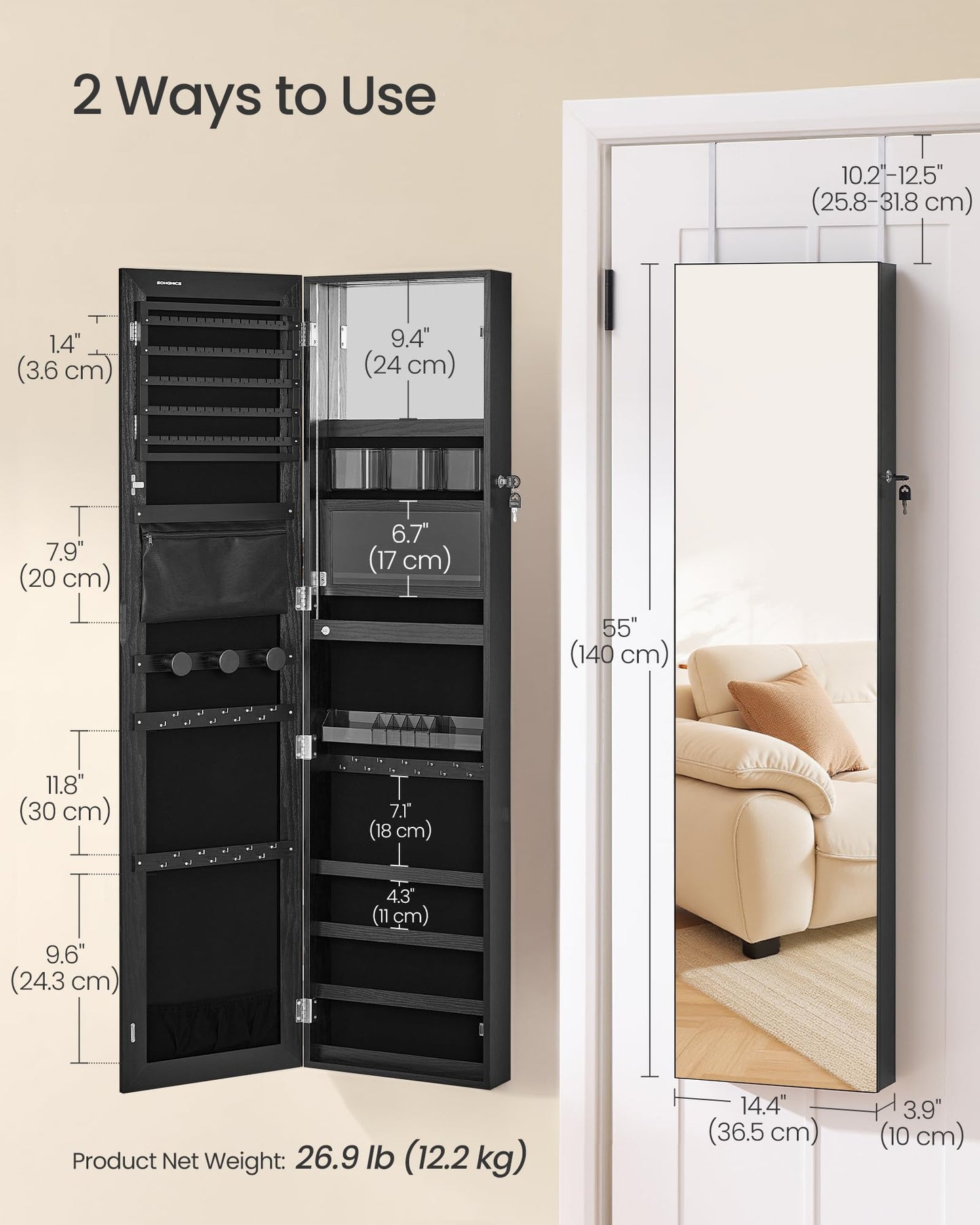SONGMICS 55 Inches Tall Spacious Jewelry Cabinet, Jewelry Armoire with Light-Up Interior Mirror, Wall or Door Mounted Jewelry Storage Organizer, Lockable, Gift Idea, Black UJJC032BZ01
