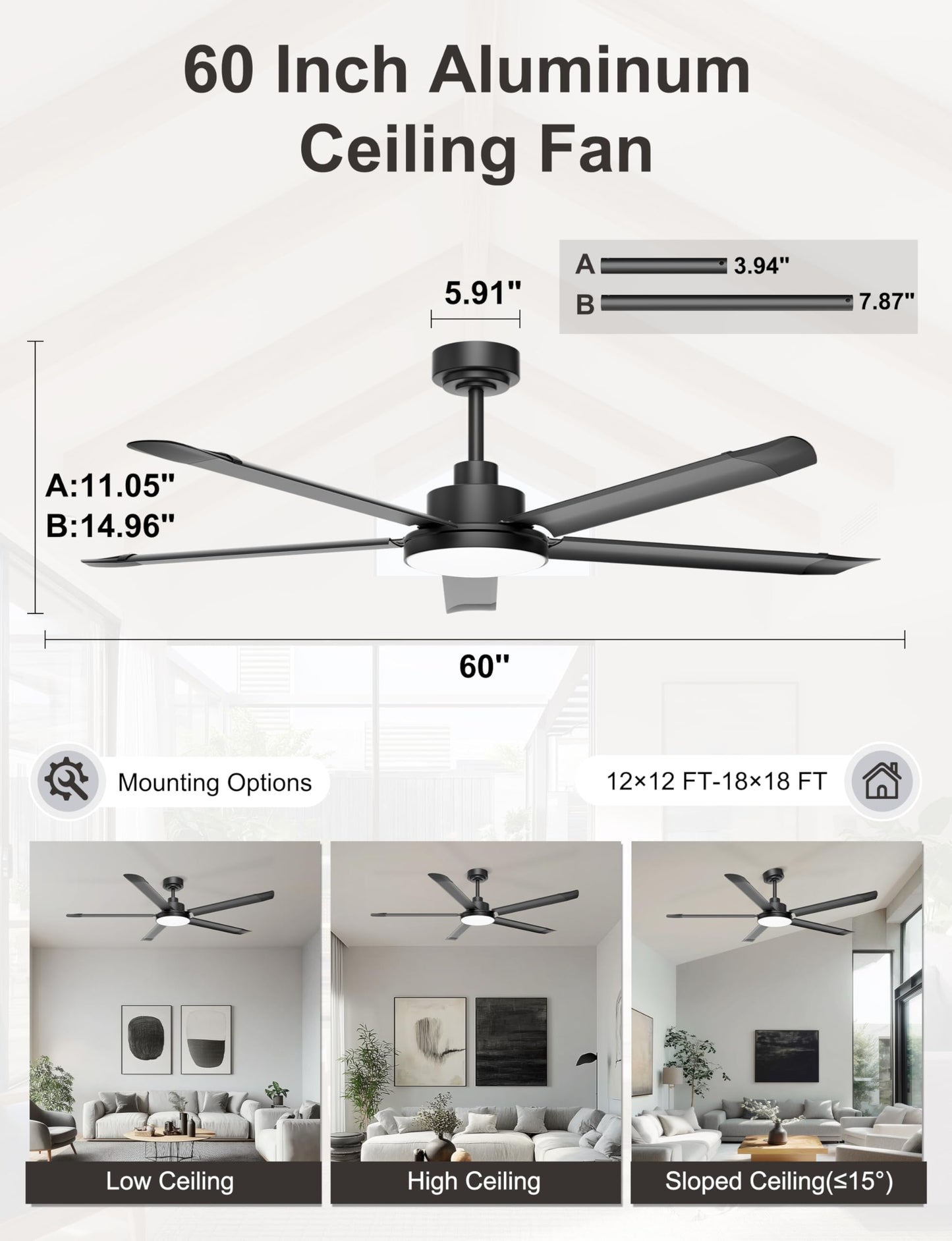 Ohniyou 60'' Ceiling Fan with Lights, Industrial Ceiling Fan with 5 Aluminum Blades, App/Remote Controlled, Dimmable, for Outdoor Patio, Living Room, Black