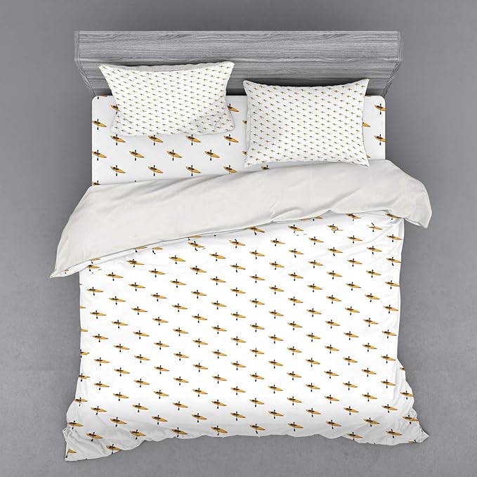 Lunarable Kayak Duvet Cover Set, Pattern with Kayaks and Paddles Cartoon Style Extreme Sports Outdoors, 4 Piece Bedding Se...