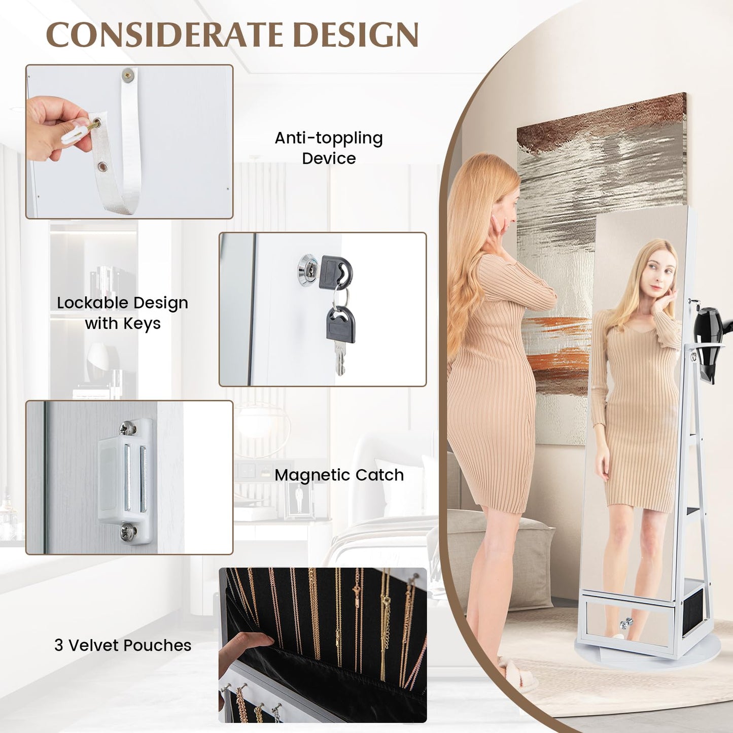 HAPPYGRILL Jewelry Armoire with Full Length Mirror, 360° Lockable Jewelry Organizer W/ 6 LEDs, Rear Storage Shelves, Large Bottom Drawer & Hairdryer Holder, Standing Jewelry Cabinet for Women, White