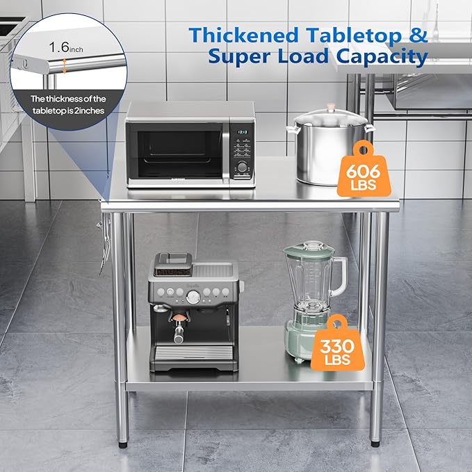 ROVSUN 30'' x 24'' Stainless Steel Table for Prep & Work,Commercial Worktables & Workstations, NSF Heavy Duty Metal Table with Adjustable UnderShelf for Kitchen Restaurant, Home, Hotel, Outdoor