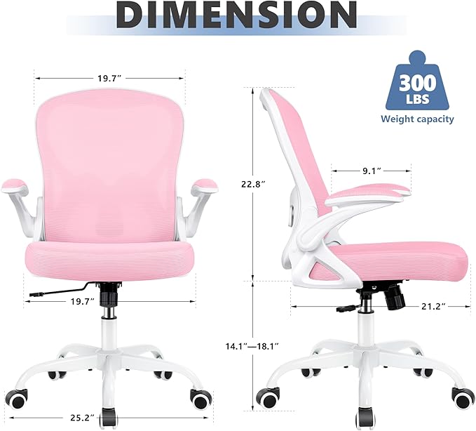Winrise Ergonomic Office Chair, Mesh Desk Chair with Adjustable Lumbar Support, Flip-Up Armrests, Mid-Back Computer Swivel Task Rolling Chair, Pink