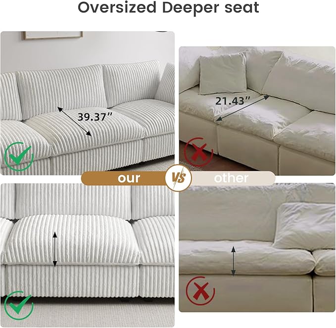 WJShome Cloud Couch Modular Sectional Sofa,118" Oversized 5 Seater Convertible Sofa,V Shaped Plush Couch for Living Room,Comfy Wide Seat Couches,Covers Washable&Replaceable-White