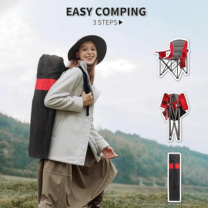 LANMOUNTAIN Oversized Padded Camping Chairs for Adults,Heavy Duty Support 400 Lbs,Folding Portable Lawn Chair w/Cup Holder,Cooler Bag,Side Pocket,Perfect for Outdoor Picnic,Hiking(Red)