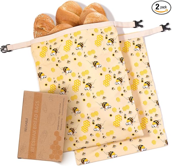 Beeswax Bread Bags for Homemade Bread (2 Pack), Sourdough Bread Bag with Removable Beeswax Lining for Keeping Fresh, Reusable Food Storage Bag