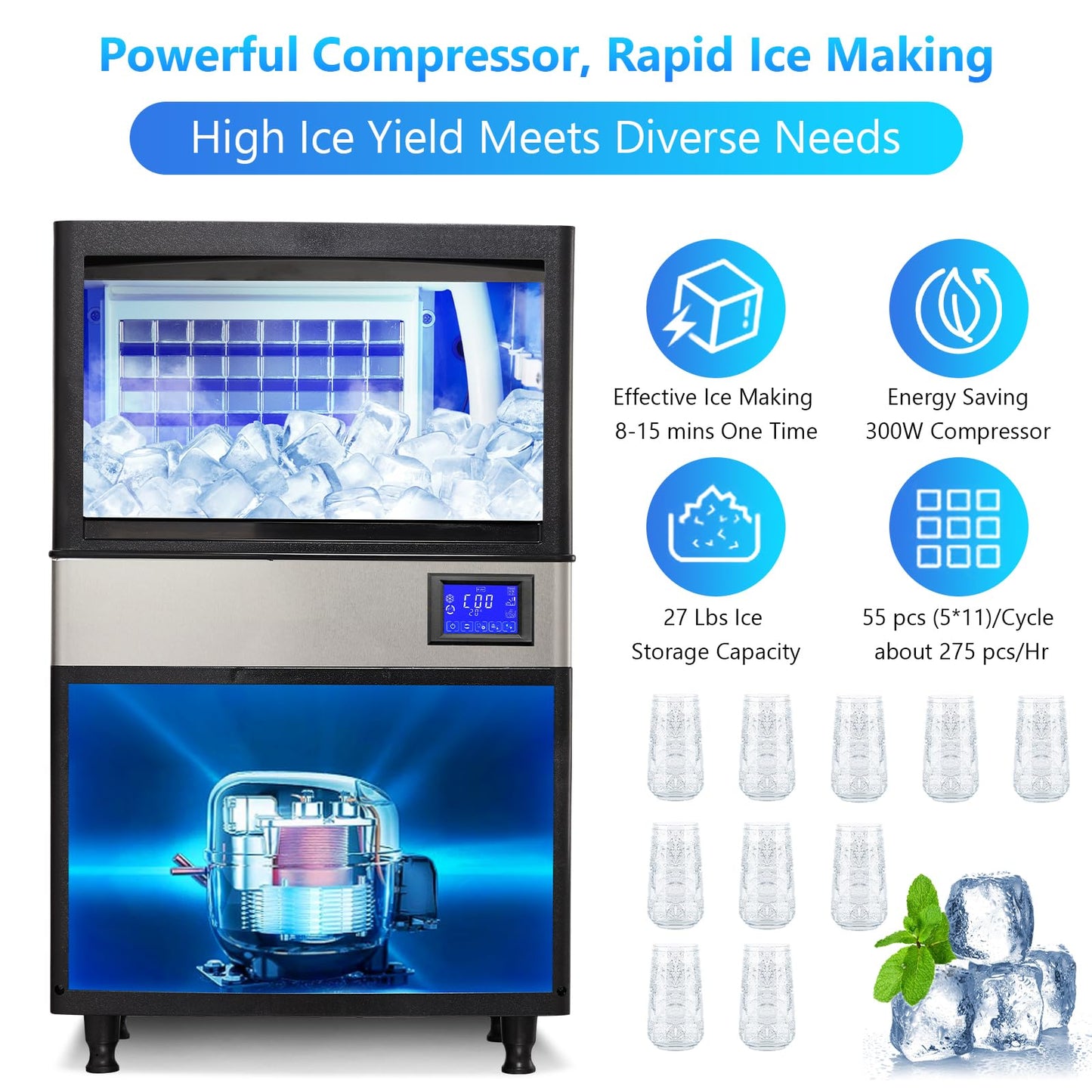 Commercial Ice Maker Machine 110lbs/24h with 27lbs Storage Bin, Stainless Steel Ice Machine with Ice Scoop, Electric Water Drain Pump & Water Filter, Freestanding Ice Machine for Home/Restaurants/Bars