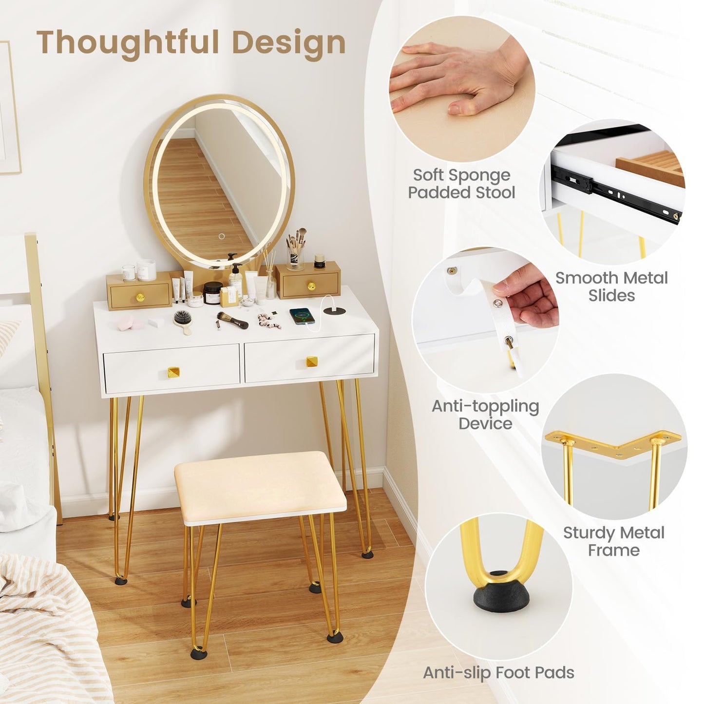 CHARMAID Vanity Desk with Mirror and Lights, White Makeup Vanity Table with 4 Drawers, Charging Station, 3-Color Lighted Mirror, Modern Girls Dressing Table with Stool for Small Bedroom