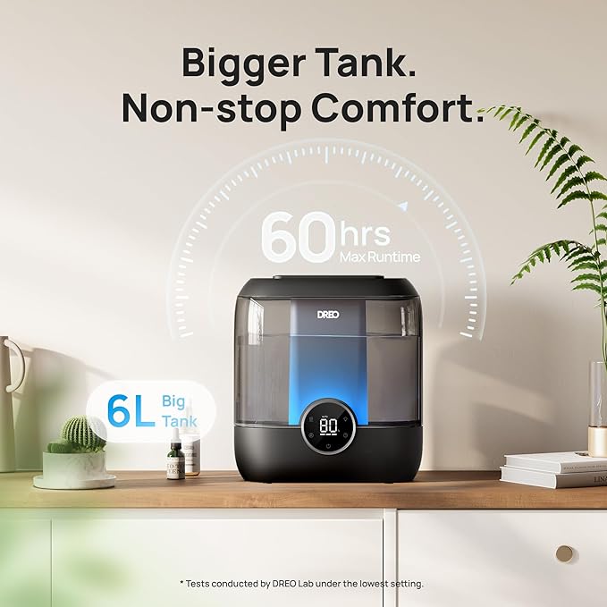 DREO Smart Humidifiers for Bedroom, 6L Top Fill Supersized Cool Mist Humidifier for Large Room, 60 Hour Runtime, Quiet Ultrasonic Humidifier for Plants, Baby, Indoor, Home, Night Light, Black