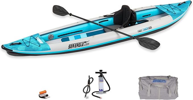 Sea Eagle 385FT Redesigned Fasttrack Inflatable Kayak 12'8" 2 Person Touring Kayak, Attached Rigid High-Pressure V-Bottom,...