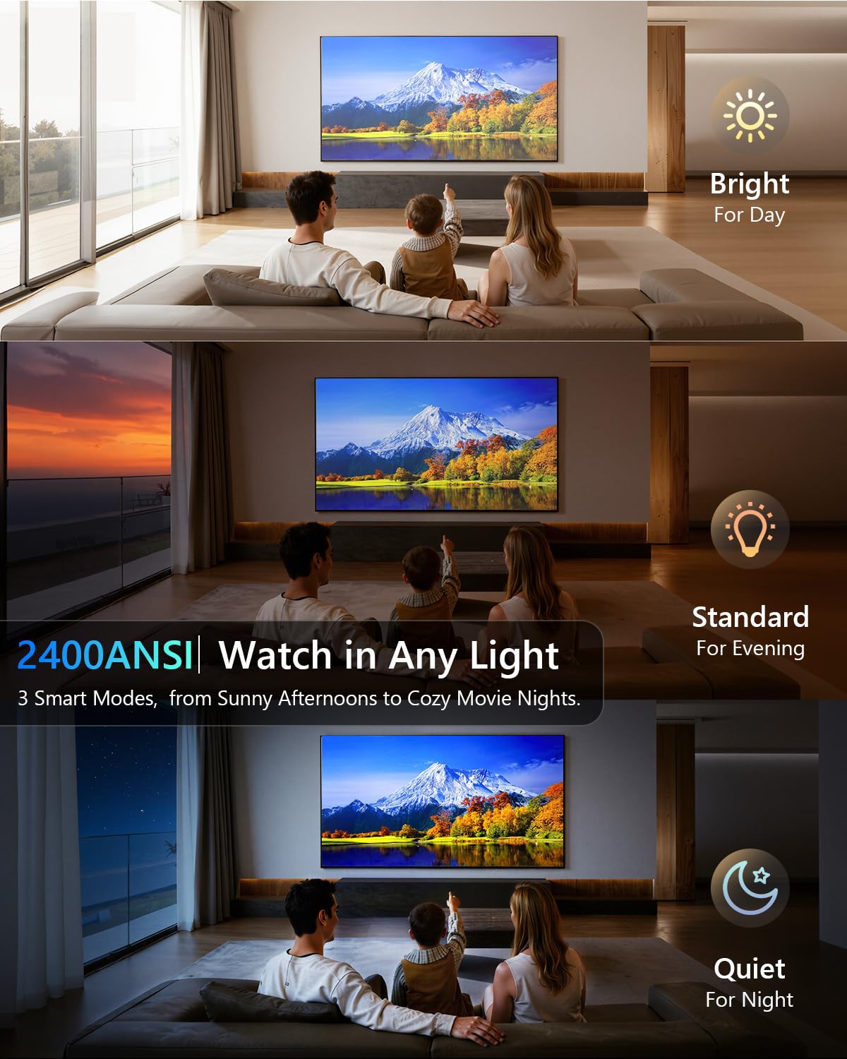 Daylight 4K Smart Projector with Fast TV OS & Home Karaoke: High 2400ANSI, 3-Brightness, HDR10, Auto Focus, Auto-Retract Lens&Cover, Wireless Mics for Home Cinema Outdoor Movie Game Golf Simulation