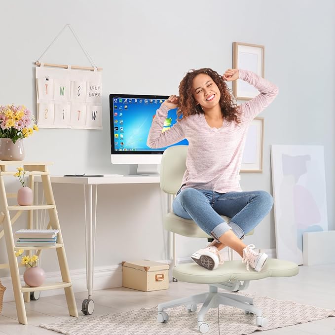 Qmetalart Cross Legged Office Chair,ADHD Friendly,Comfortable Meditation Criss Cross Chair with Wheels,Kneeling Chair for Home,Office,Adults,Teenagers,Fidgety Sitters,Posture Improvement,Cream White