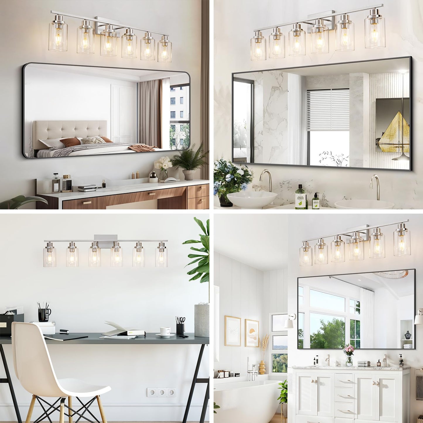 HCCZ 6 Light Bathroom Light Fixtures Brushed Nickel Vanity Light Over Mirror Modern Farmhouse Wall Lighting Sconces Wall Lamp for Bathroom, Bedroom, Living Room E26 Socket with Glass Shade