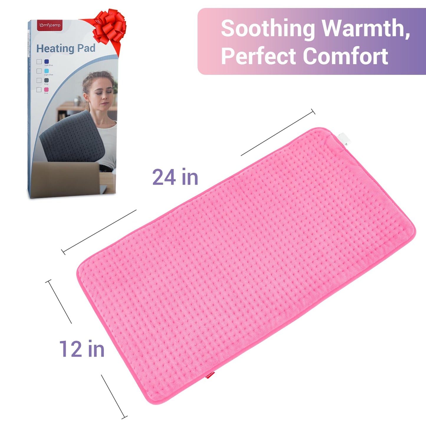 Comfytemp Heating Pad for Back Pain Relief - Electric Heating Pad for Period Cramps, Moist/Dry Heat, Birthday Gifts for Mom, 3 Heat Settings, 2H Auto Off, Machine Washable (12" x24", Pink)