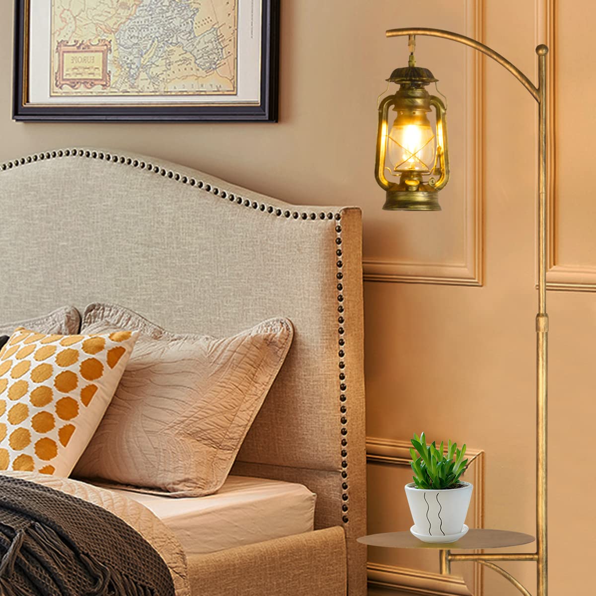 beaysyty Farmhouse Adjustable Floor Lamps with Tray Lantern Tall Standing lamp for Bedroom Home Decor for Office Cafe Den Living Room Bedroom, On/Off Foot Switch and Brushed Rustic (Bronze)
