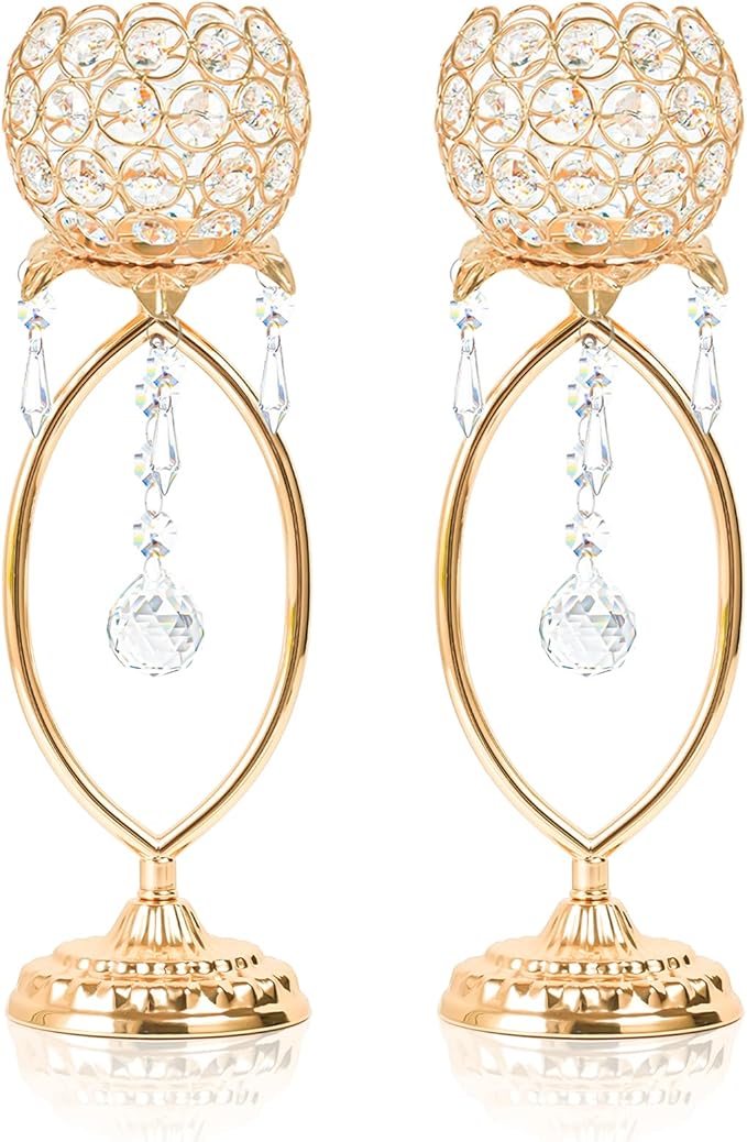 kehail 2 Pcs Gold Elegant Metal Crystal Tea Light Candle Holders with Bling Crystal Pendants, Hollow Design - Wedding Tabl...