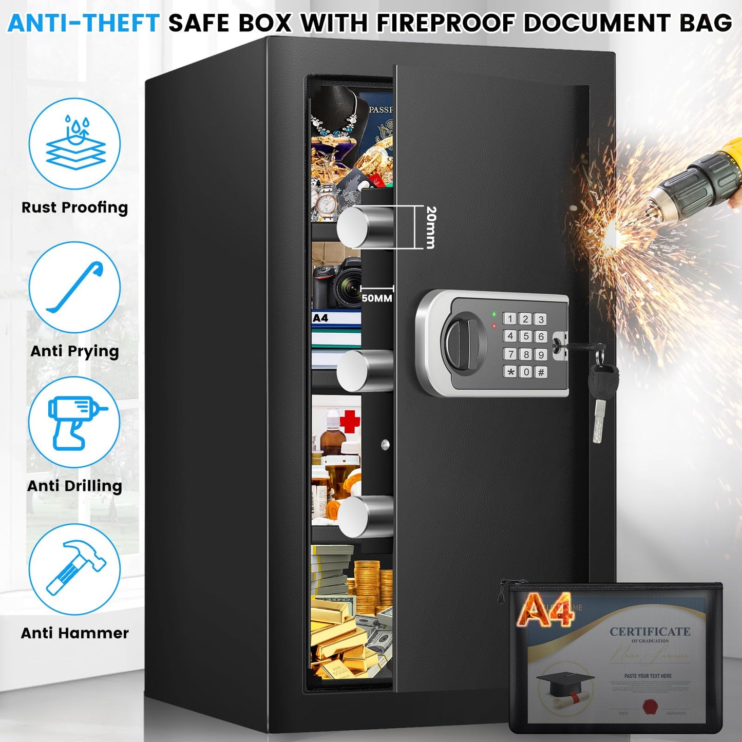 [23.6" Tall]Large Safe Box, 𝟒.𝟔 𝐂𝐮𝐟𝐭 Home Safes with Fireproof Waterproof Bag, Security Safes for Home with Programmable Keypad Key, Smart Alert, Mute Mode, Anti-theft Digital Safe for Valuables