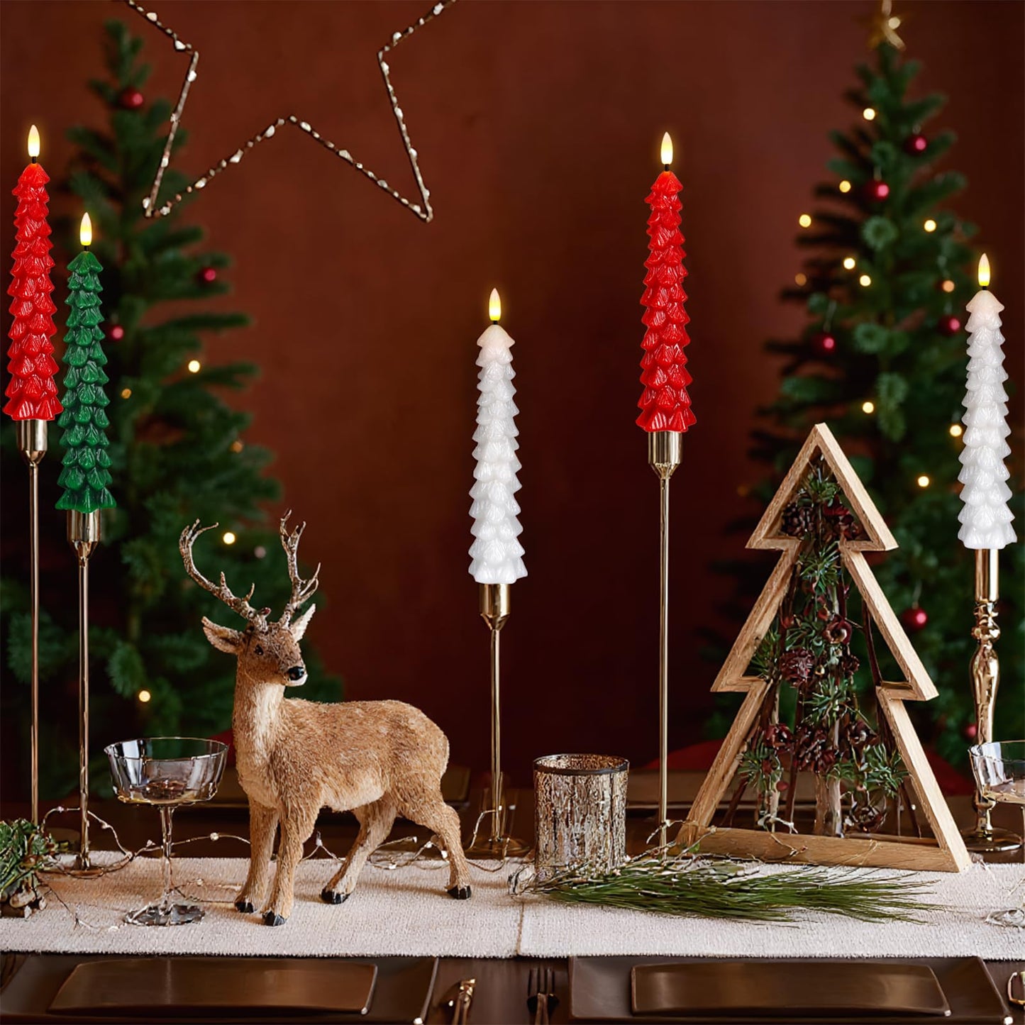 KunSwenn Christmas Tree Candles Battery Operated with Remote, Waxy White Christmas Flameless Tree Taper Candles with Flickering Flame, Set of 3 Winter LED Candlesticks for Xmas Home Decor(0.78”x9.8”)