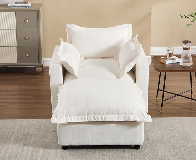 chairus 39.5" Chaise Lounge Chair Indoor with Ottoman, Upholstered Single Sofa Couch Chair Oversized Linen Reading Armchair for Living Room, Bedroom, Reception Room, Apartment, White