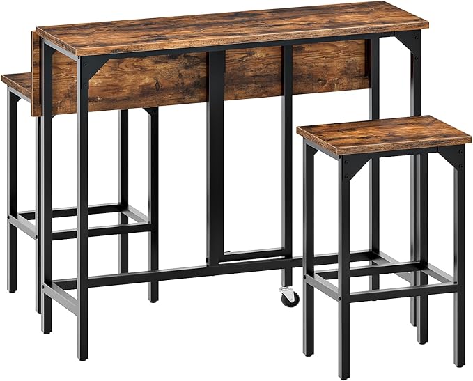 CHOEZON Bar Table and Stool Set, 39.4'' Folding Dining Table with 2 Stools, Industrial Style, for Restaurant, Living Room,...
