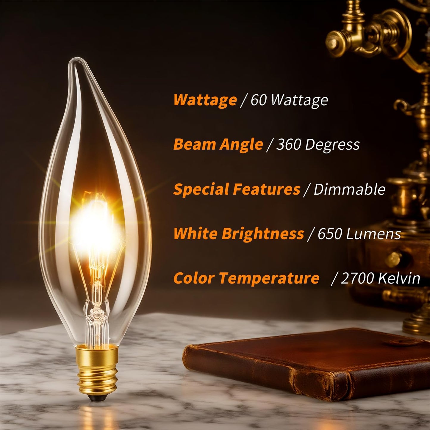 SUSLUM 12-Pack E12 Chandelier Light Bulbs 60W Warm White 2700K 120V Candelabra Light Bulb for Ceiling Fan, 650 Lumens CA10 Dimmable Clear Candle Bulbs