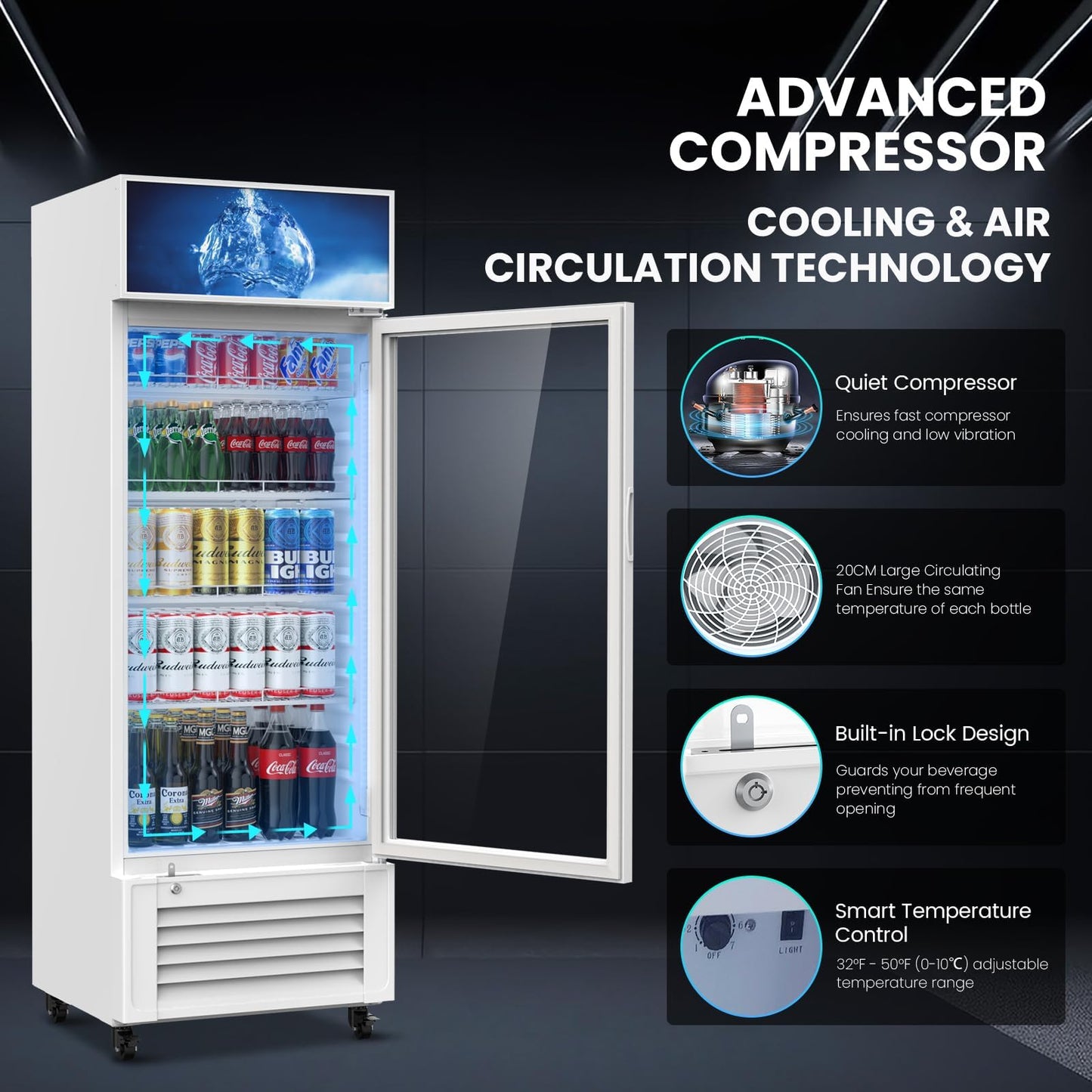 Mojgar 10 Cu Ft Commercial Refrigerators Single Door,Glass Door Merchandiser Display Beverage Fridge with Built-in LED Light,1.64kwh/24h Retail Cooler for Shop,Restaurant,Apartment,etc