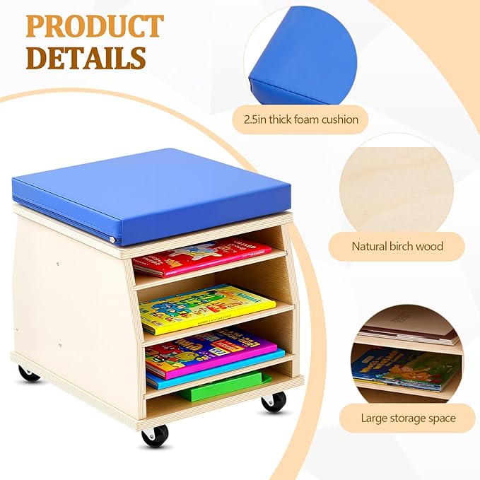 Geelin Mobile Teacher Stool with Storage Tools Natural Birch Wood Teacher Chair with Comfortable Foam Seat and 4 Locking Casters for School Supplies Books Daycare Preschool Classroom