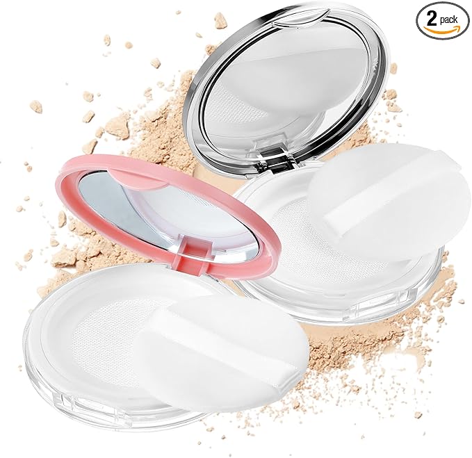 IANFAN 2 Pcs Loose Powder Container with Puff, 0.18 oz Refillable Empty Powder Compact Portable Empty Makeup Powders Trave...
