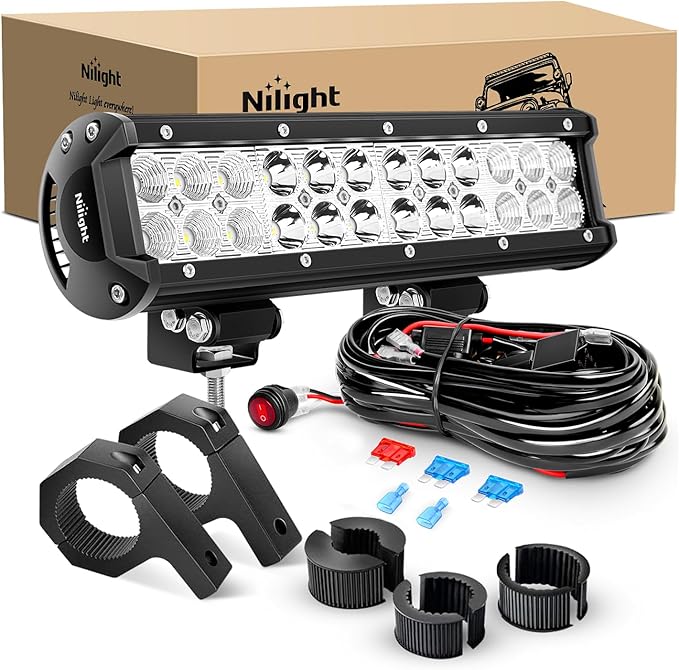 Nilight 12 Inch 72W LED Light Bars Spot Flood Combo Off-Road Light Mounting Bracket Horizontal Bar Tube Clamp With Off Roa...