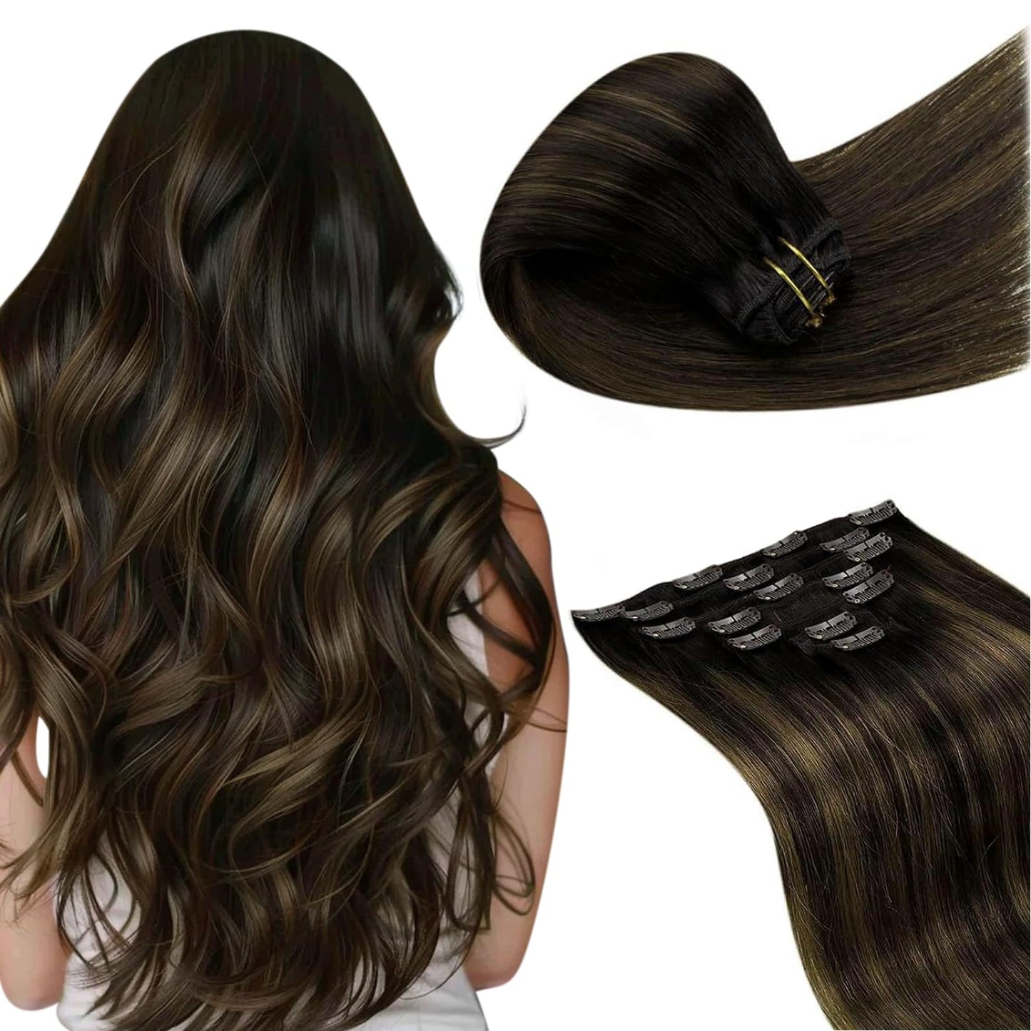 LaaVoo Clip in Hair Extensions Real Human Hair Dark Brown Balayage Human Hair Extensions Clip ins # 2 Mix Light Brown Real Hair