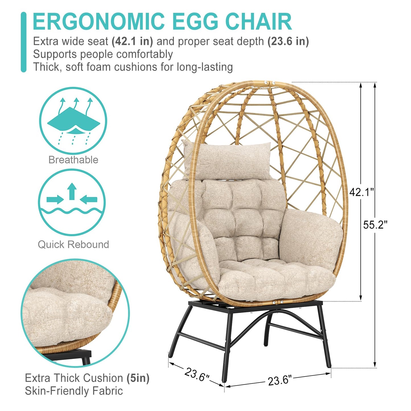 SWITTE Wicker Egg Chair Outdoor Indoor, Oversized Rattan Patio Lounge Chairs with Cushion for Backyard, Living Room, Steel Frame, 480lb Capacity-Cream