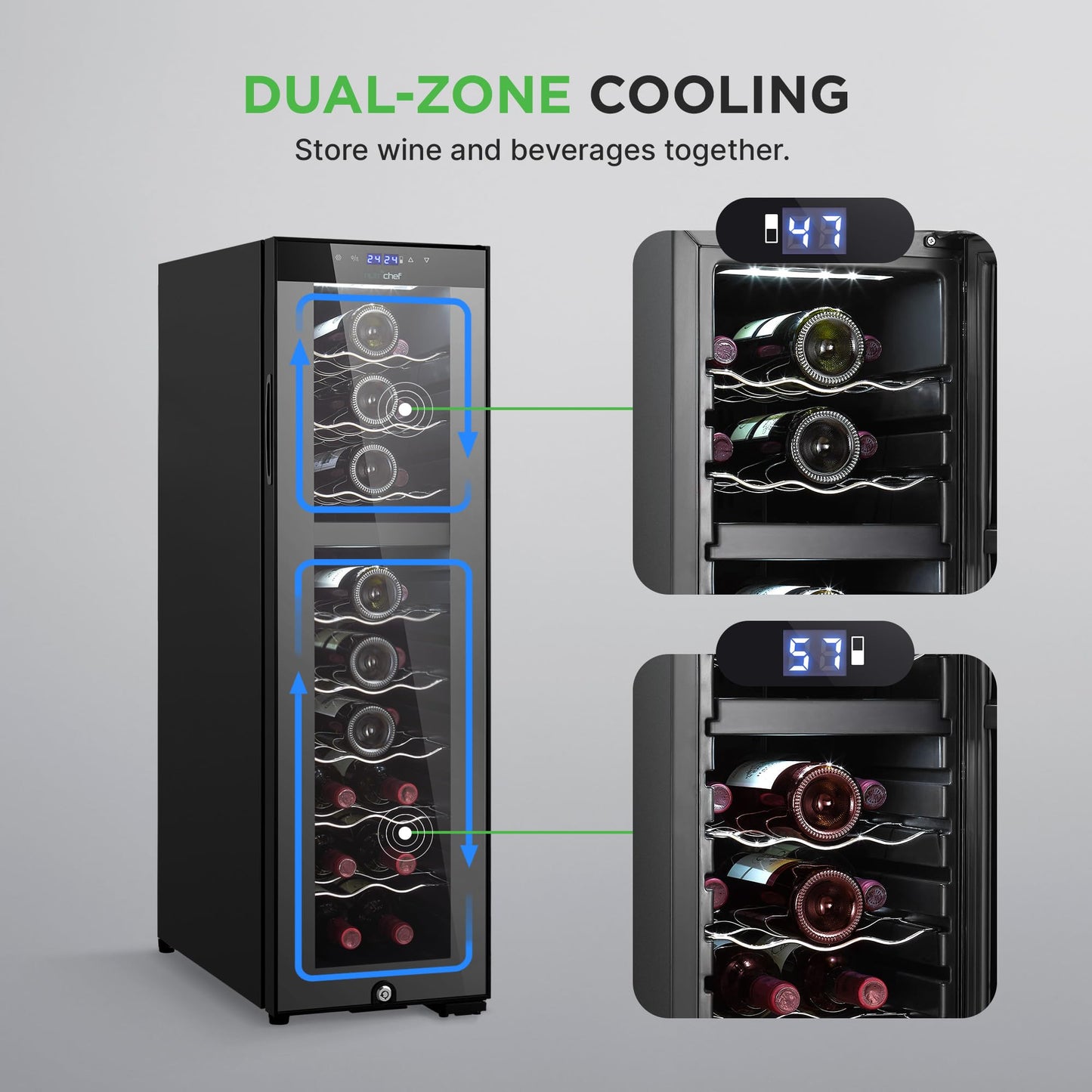 Nutrichef 24 Bottle Wine Fridge | Dual Zone Wine Chiller | Adjustable Temperature 41°F to 64°F | Ultra Quiet Operation | Wine Cooler For Home, & Office | Free Standing 39x11x23 IN (Black)