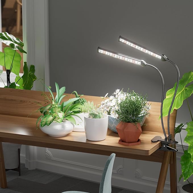 GooingTop Grow Light LED Gooseneck Lamp,Dual-Head White Full Spectrum 148 LED Plant Lamp with Red Blue Light Clip-on Desk for Indoor Plants Growing,Diming & Auto Timer,Super Bright