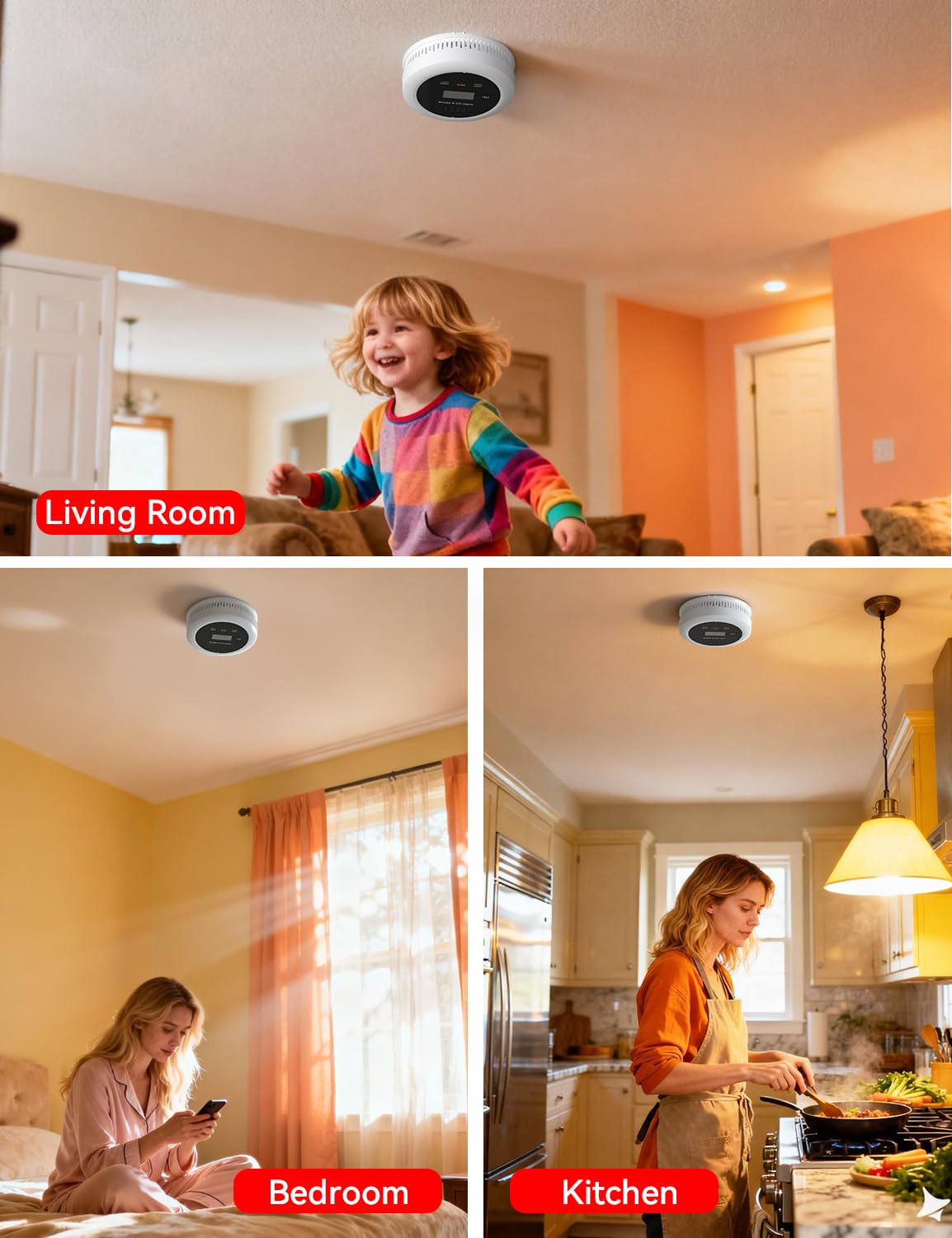UxmCruxial Smoke Detector Carbon Monoxide Detector Combo, 2 in 1 Smoke and Carbon Monoxide Alarm with Display 85dB Alarm Replaceable Battery Fire Alarm CO Detector for Kitchen,Office