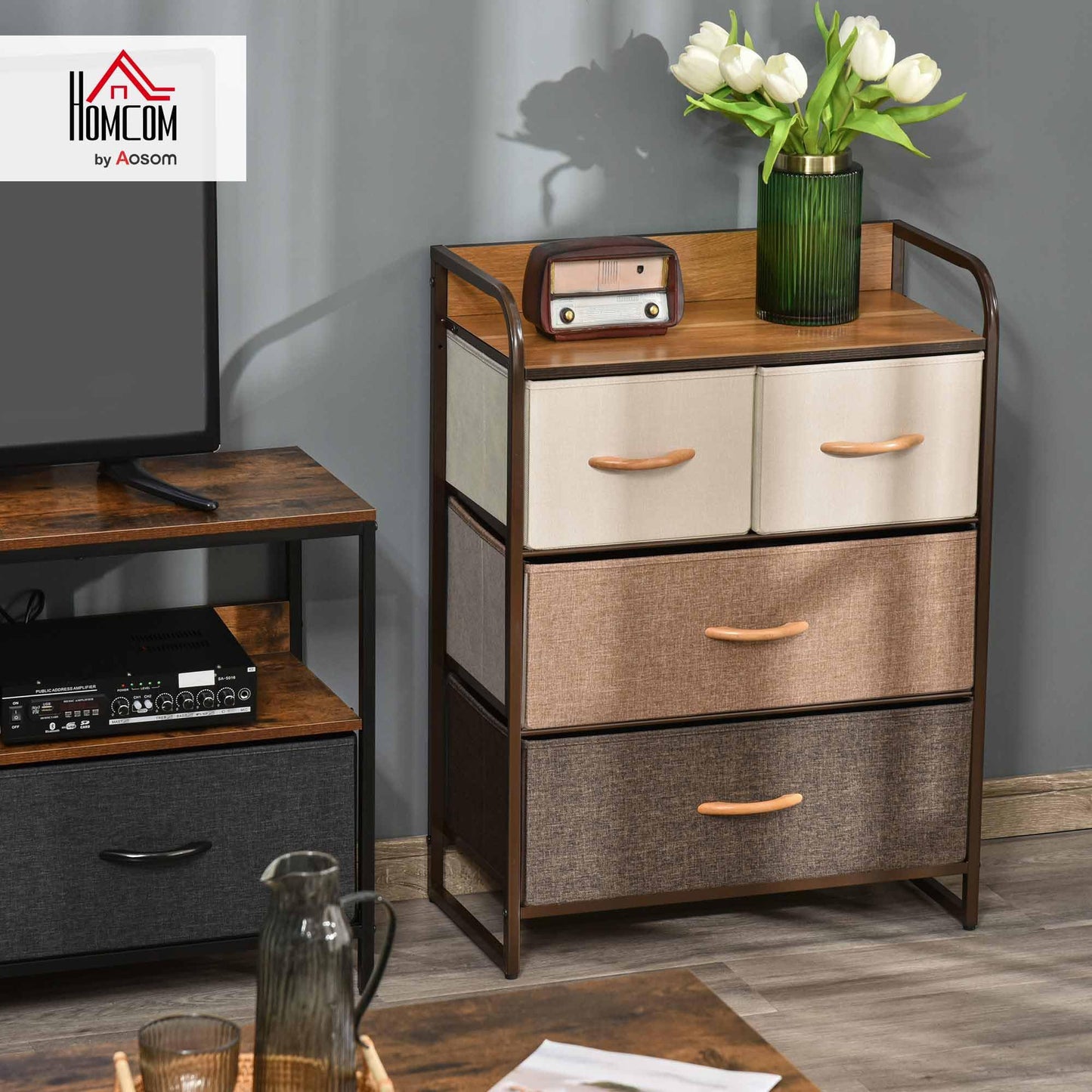 HOMCOM 4-Drawer Dresser, Fabric Chest of Drawers, 3-Tier Storage Tower with Steel Frame and Wooden Top for Bedroom, Nursery Room, Multicoloured