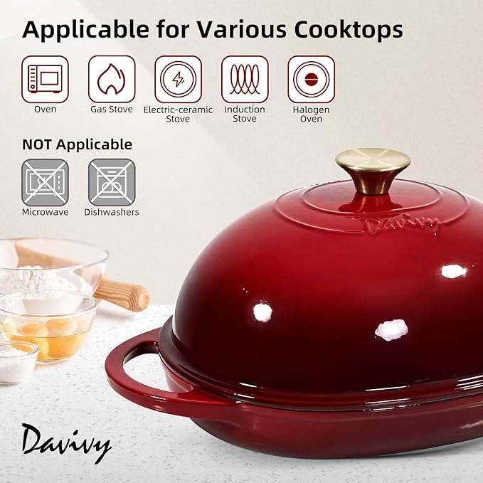 Davivy 6QT Oval Bread Dutch Oven with Silicone Baking Mat, Enameled Cast Iron Dutch Oven for Sourdough Bread Baking 6QT, Cast Iron Sourdough Bread Pan with Domed Lid - Ruby Red