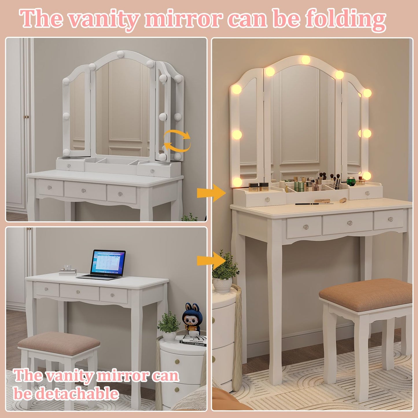 Longtesun Makeup Vanity Set Teen Vantity Set White Vanity Desk with Mirror and Lights Vanity Table with Lights Vanity Mirror with Lights Desk and Chair Makeup Vanity Table Makeup Vanity with Lights