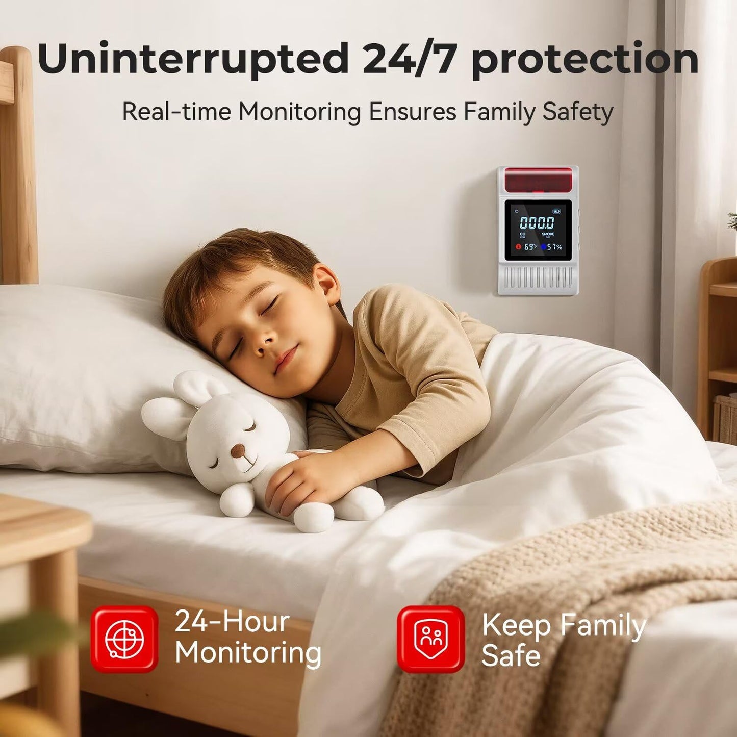 Nicbee 5-in-1 Smoke and Carbon Monoxide Detectors Plug in, Smoke Detector with Battery Backup Slot, Adjustable Brightness & Volume Levels, Smoke Alarm with Temp/Humidity for Home, RV, Travel(1-Pack)
