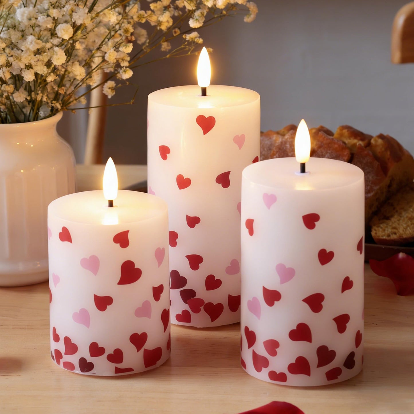 JOIONE Valentines Day Flameless Pillar Candles with Remote Set of 3, Battery Operated Real Wax LED Heart Stickers Candle, Perfect for Romantic Date Night, Wedding and Home Décor, Heart Stickers