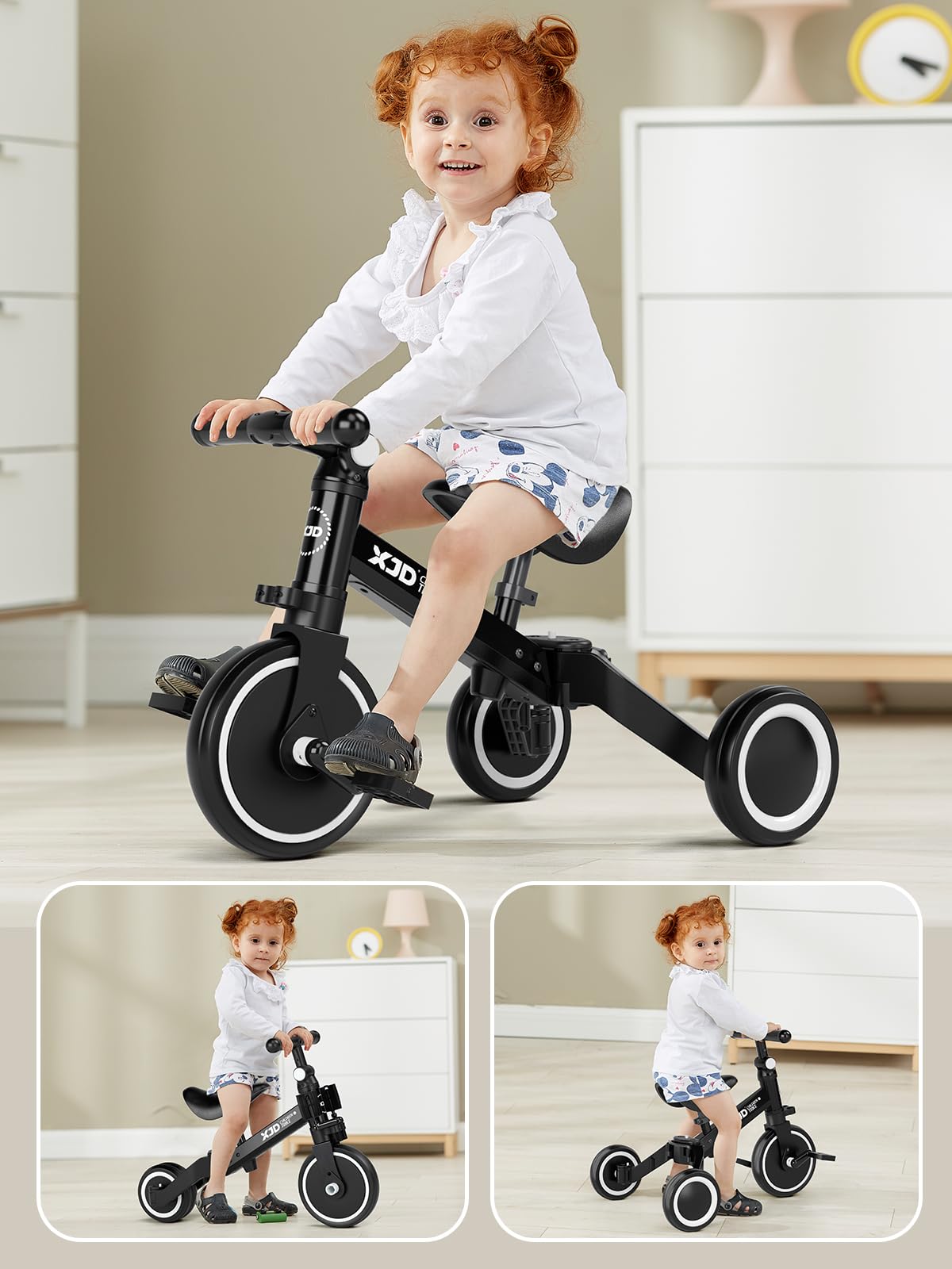 XJD 5 in 1 Toddler Bike, Tricycle for Toddlers 1-3 with Adjustable Seat Height, Removable Pedals, Ideal Balance Bike Birthday Gifts and Toys for Boys and Girls (Black)