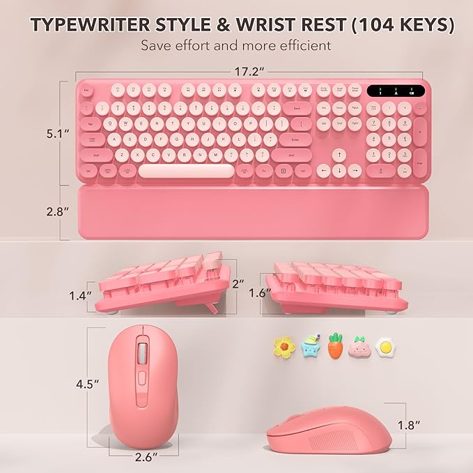 Wireless Keyboard and Mouse Combo, Retro Keyboard with Round Keycaps, Full-Size Typewriter Style Keyboard with Detachable Wrist Rest, 2.4GHz Only Cordless Connection for Windows/PC/Laptop (Baby Pink)