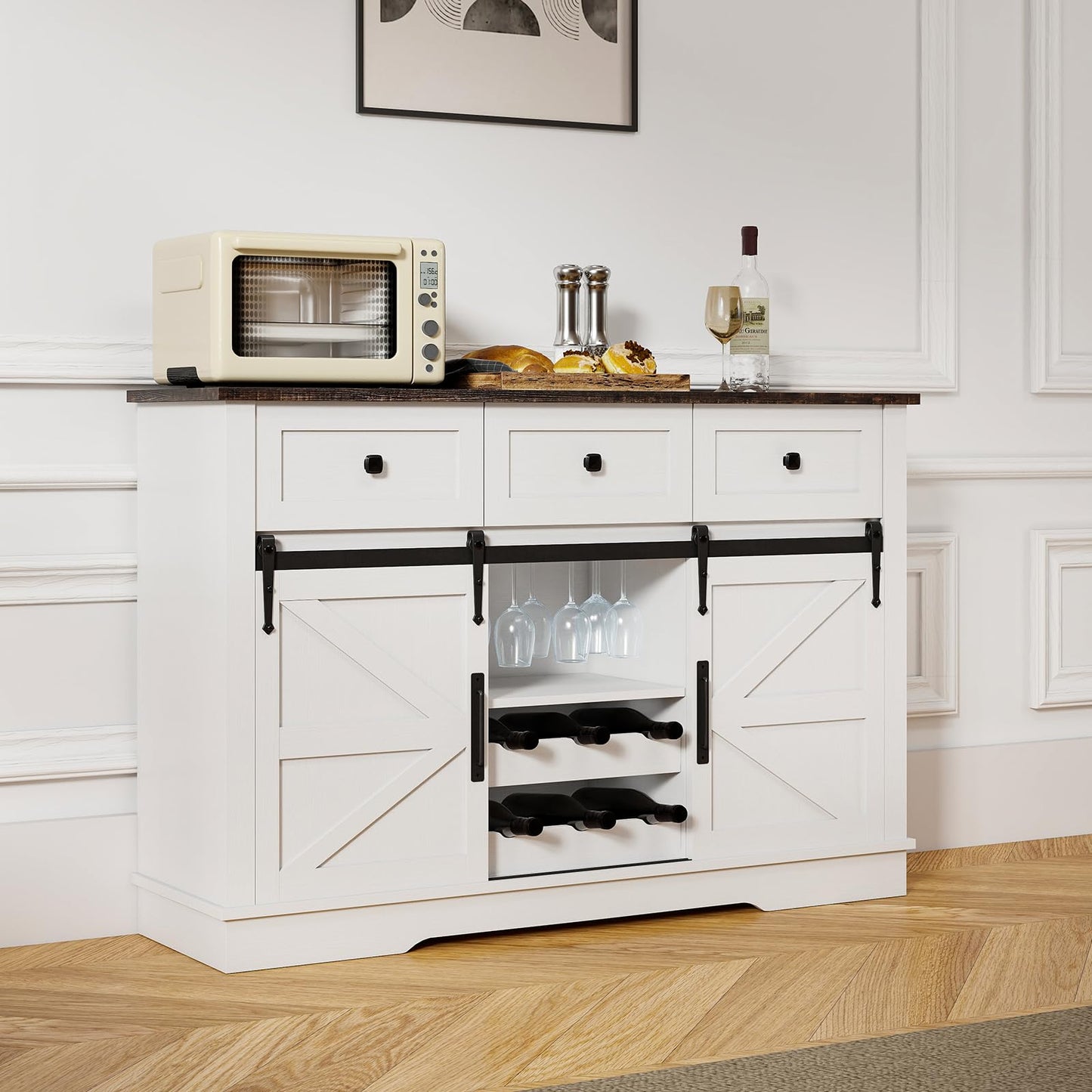 Kmax Farmhouse Wine Bar Cabinet w, 54” Buffet Cabinet with Storage, Rustic White Coffee Bar Cabinet with Sliding Barn Doors, Wine/Glass Rack & 3 Drawers for Living, Dining Room, Black Top