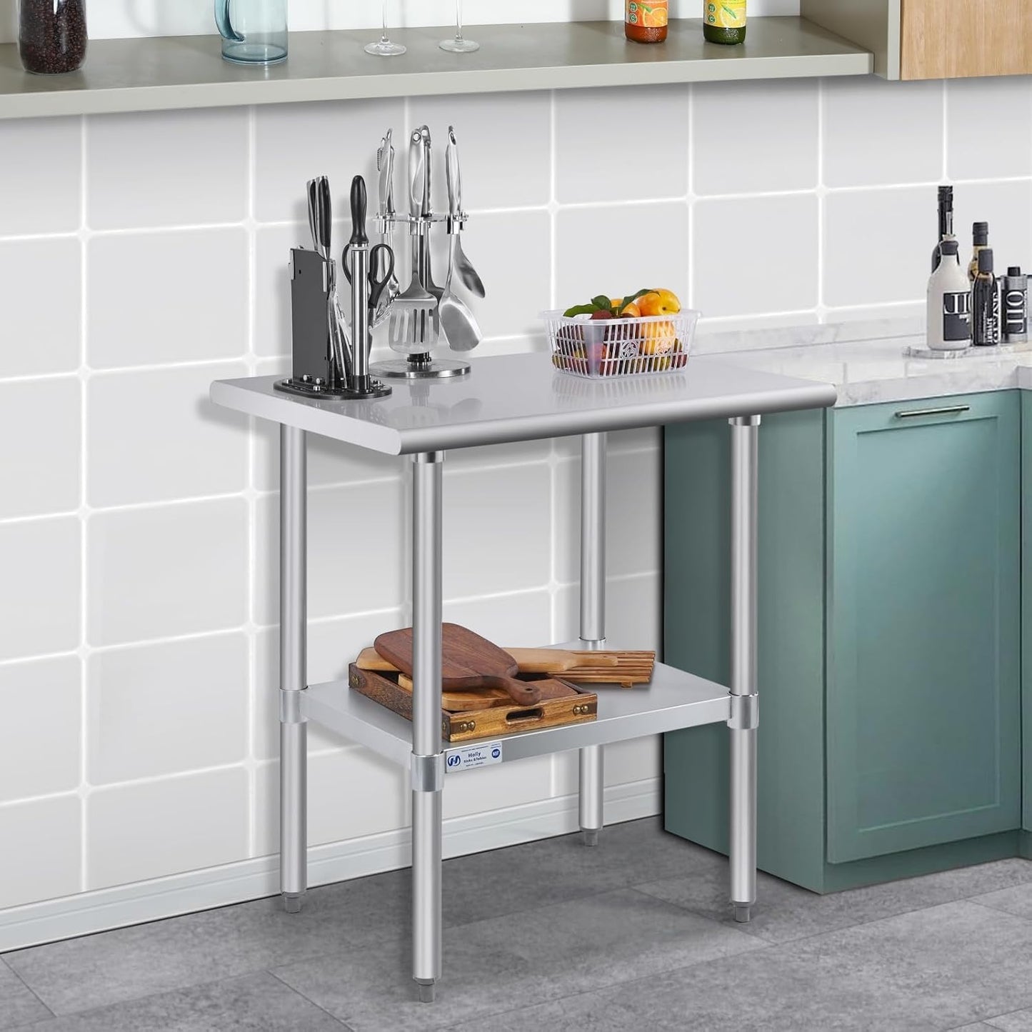 Hally Stainless Steel Table for Prep & Work 18 x 30 Inches, NSF Commercial Heavy Duty Table with Undershelf and Galvanized Legs for Restaurant, Home and Hotel