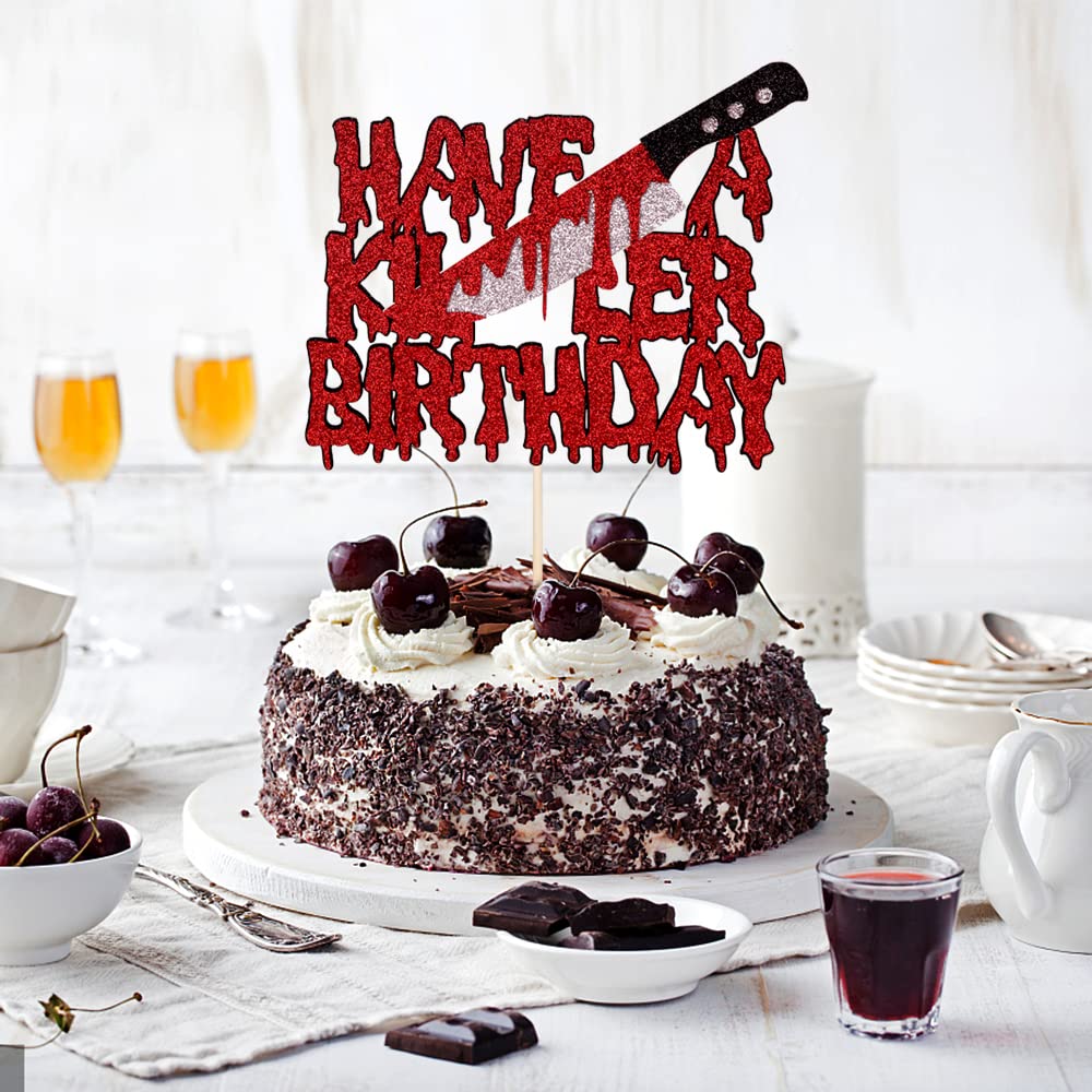 Bekaterea Have A Killer Birthday Cake Topper,Halloween Horror Birthday Cake Decoration,Halloween Bloody Knife and fork Cake Decoration, Zomb Party Supplies