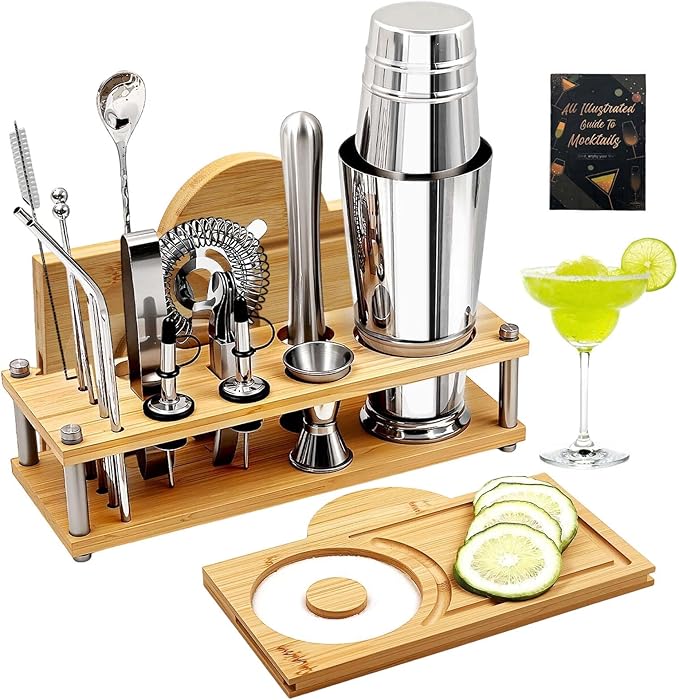 Daily Treasures Professional Cocktail Shakers Set with Bamboo Display Stand & Margarita Salt Rimmer,16-Piece Bartender Kit...