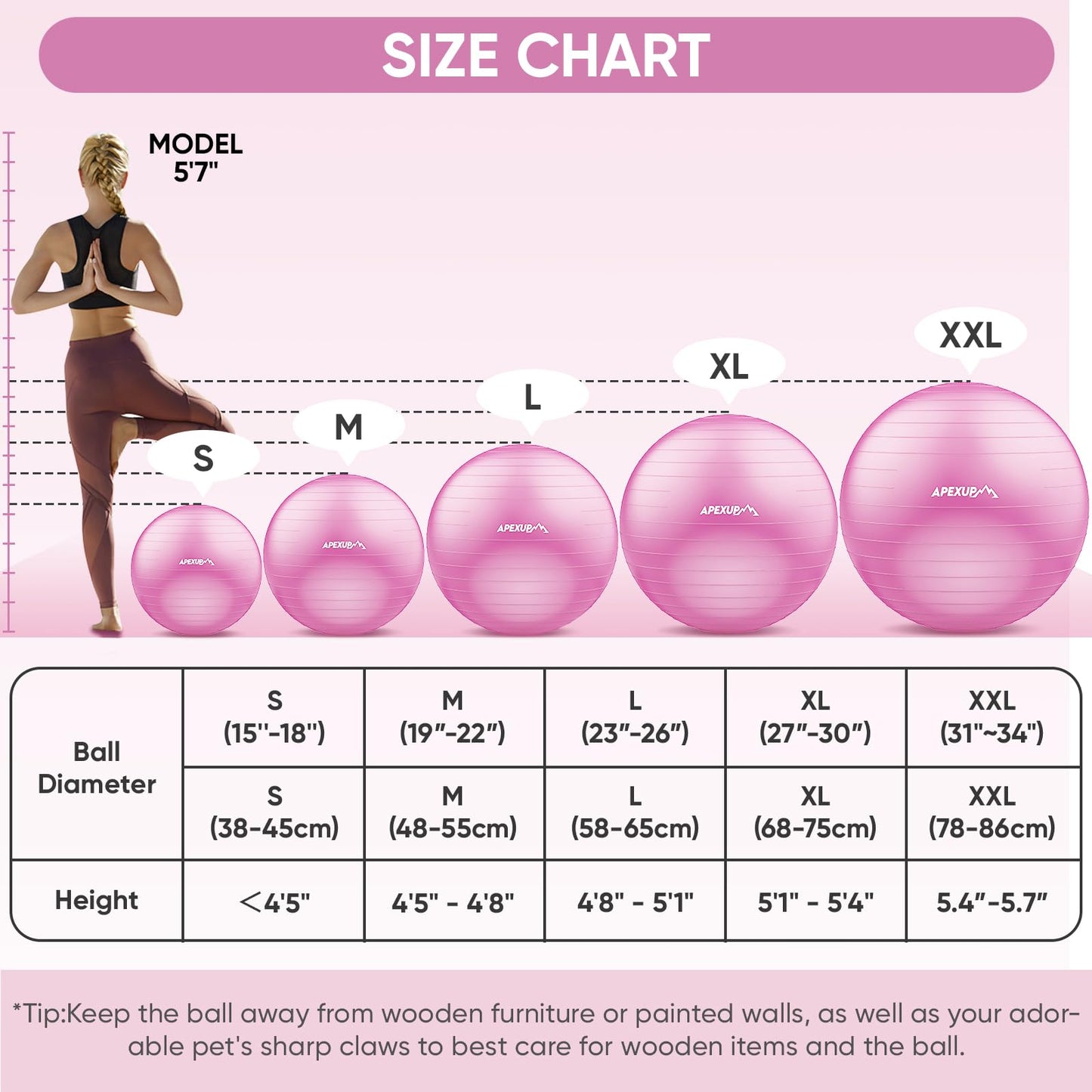APEXUP Yoga Ball Exercise Ball, Anti Slip Stability Ball Chair, Heavy Duty Large Gym Ball for Fitness, Balance, Core Workout and Physical Therapy (S (15"~18") 45cm, Fuschia)