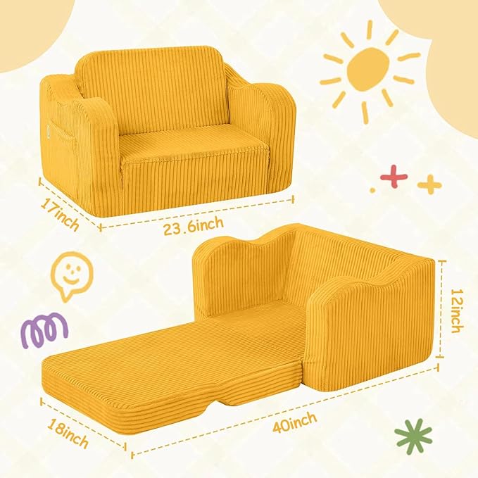 MeMoreCool Toddler Chair – Foldable 2-in-1 Kids Sofa Bed, Corduroy Lounge for 1-3 Years, Yellow Soft Foam Seat | Machine Washable | Convertible Couch for Toddlers’ Playroom or Nap Time