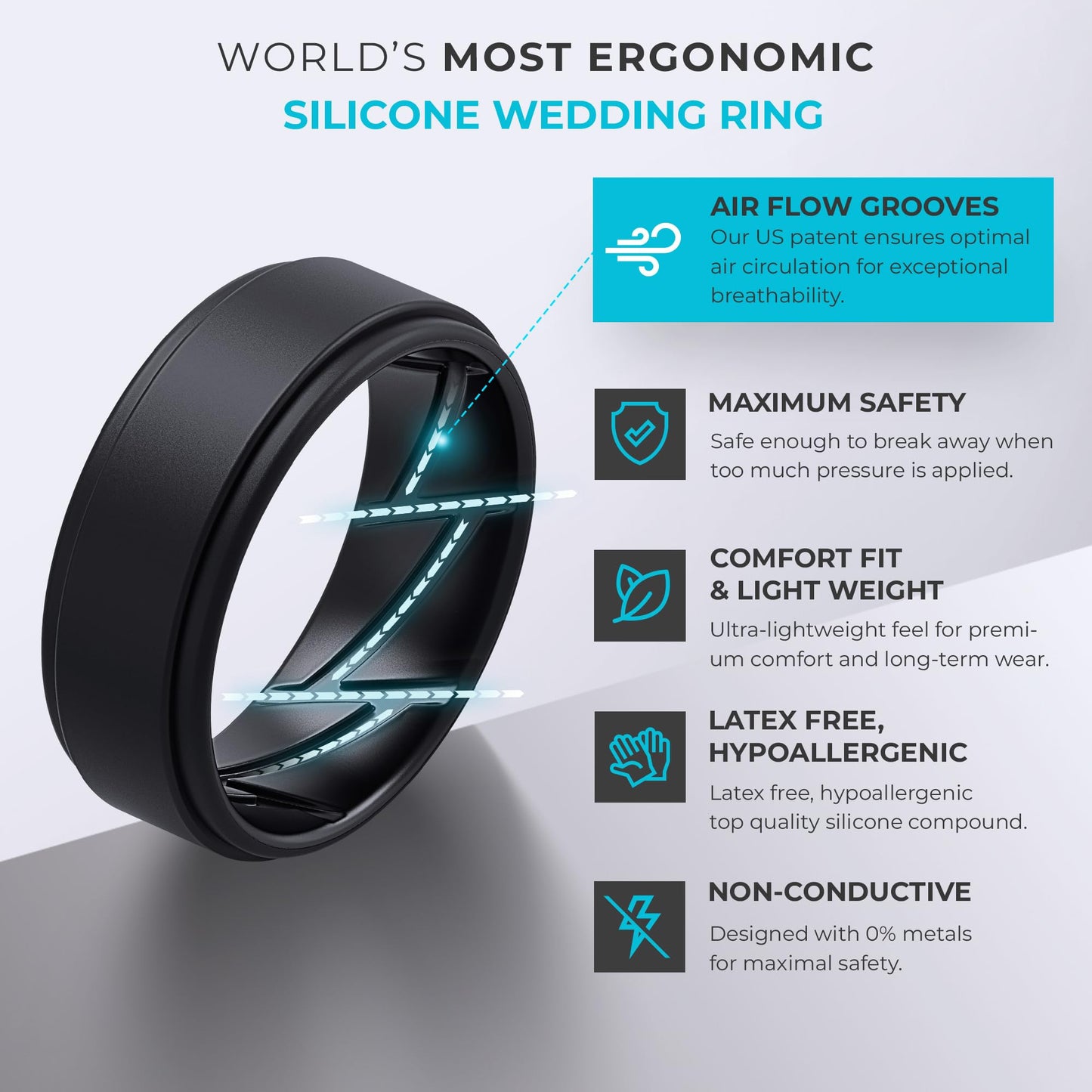 ThunderFit Silicone Wedding Rings for Men Breathable Airflow Inner Grooves, Step Edge Sleek Design Rubber Engagement Bands 8mm W